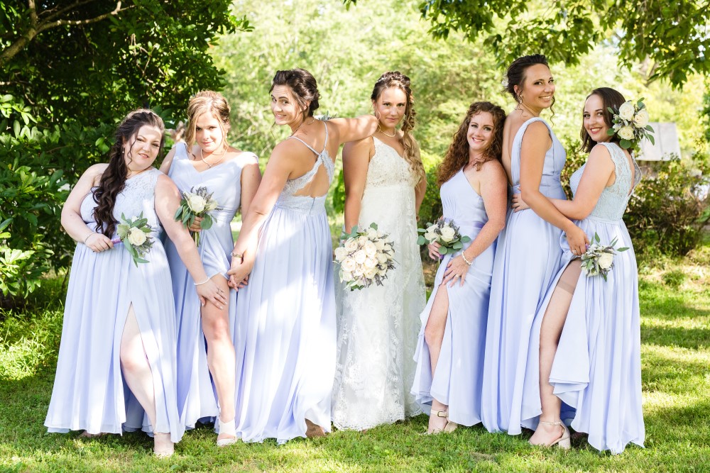 Wedding Look Book at Mountain Run Winery: Bridal party posing under tree