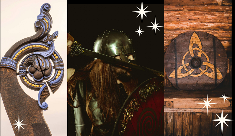 A three picture collage of viking elements featuring a curved ships head, a man in a viking helmet holding a sword and shield, and a decorative viking shield on a shelf against a wooden wall.