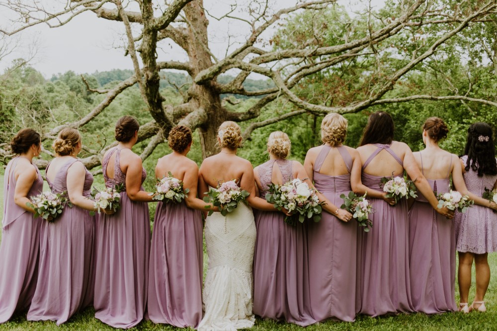 Wedding Look Book at Mountain Run Winery: Bridal party standing with backs to photographer