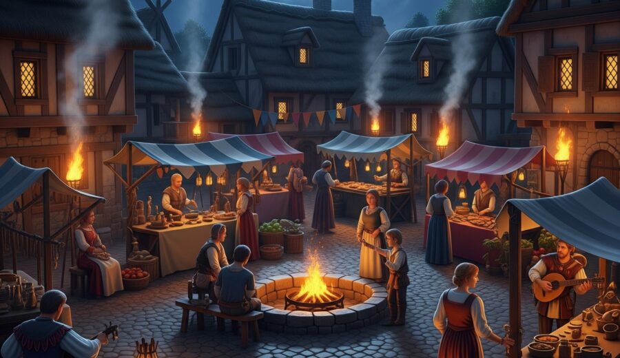 Image of a Medieval Faire at night. A circle of stalls in a plaza with a stone firepit in the center. Many people in medieval clothing shop the stalls and stand by the fire.