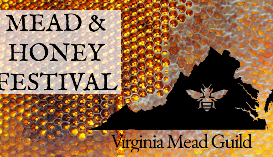 a background of honeycomb with the text of Mead and Honey Festival at the left and the logo of the Virginia Mead Guild on the right